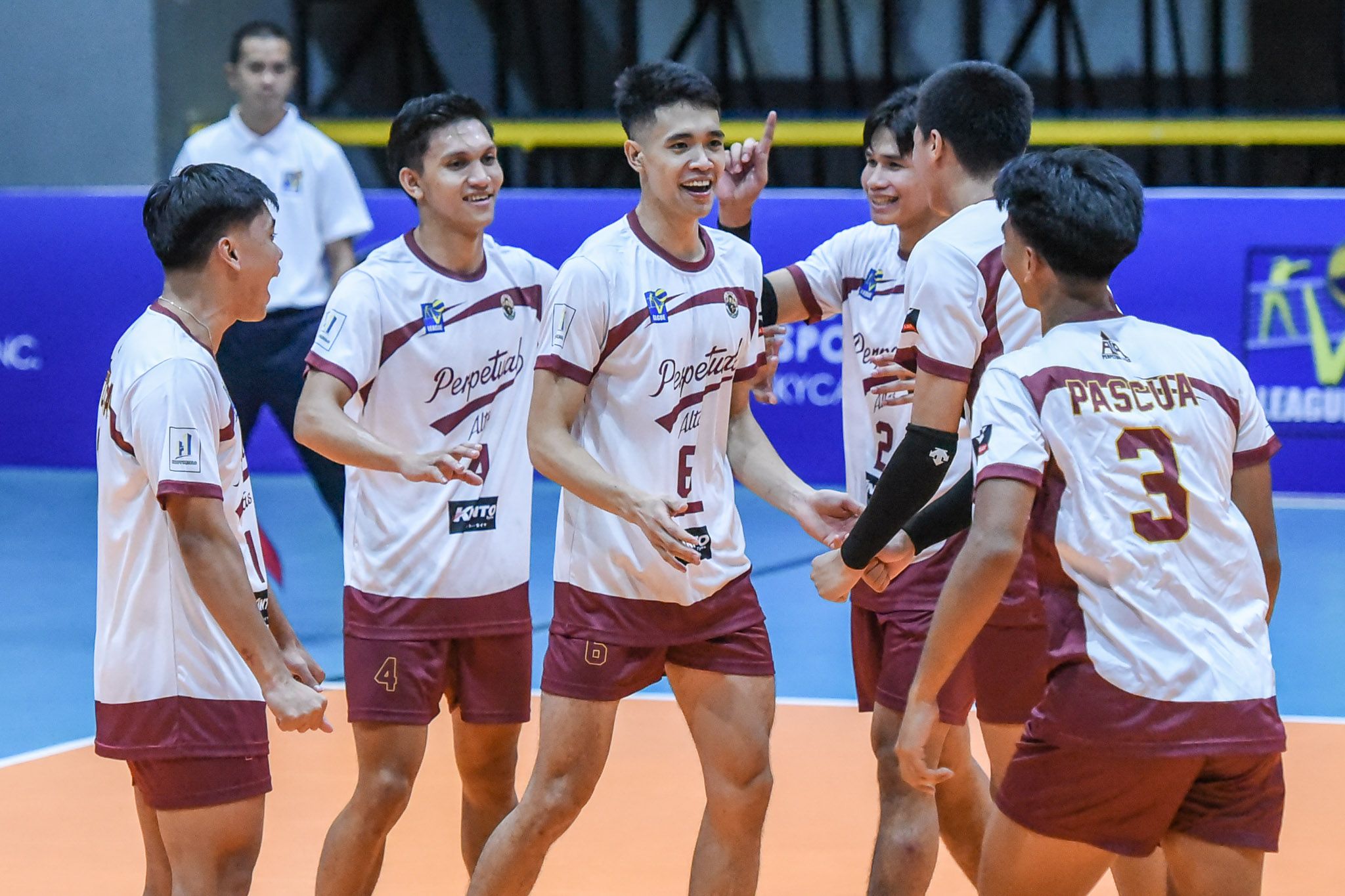 The Perpetual Help Altas celebrate a point against FEU in the 2024 V-League Men’s Collegiate Challenge at the Paco Arena in Manila, August 14, 2024. PVL Media